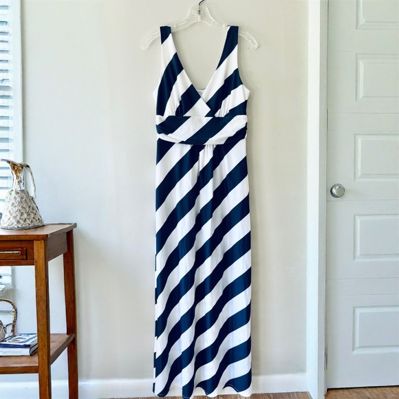 Jude Connally Sz M Stretch Long Maxi Dress Nautical Navy White Striped V Neck - Picture 1 of 7